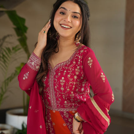 Jyoti Fashion Women's Rani Pink Faux Blooming Zari & Sequins Embroidered Anarkali Set With Dupatta