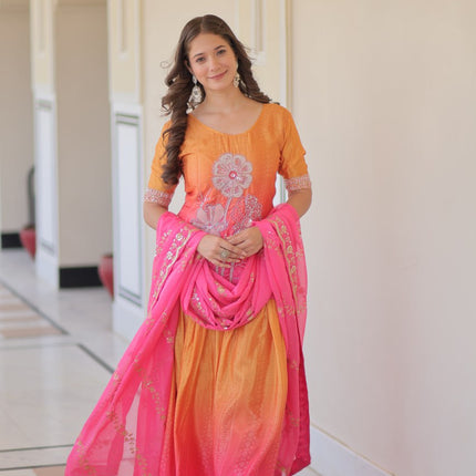 Jyoti Fashion Women's Pink Chinon Beads Embroidered Sharara Set with Dupatta