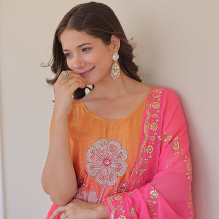 Jyoti Fashion Women's Pink Chinon Beads Embroidered Sharara Set with Dupatta