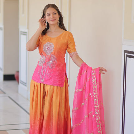 Jyoti Fashion Women's Pink Chinon Beads Embroidered Sharara Set with Dupatta