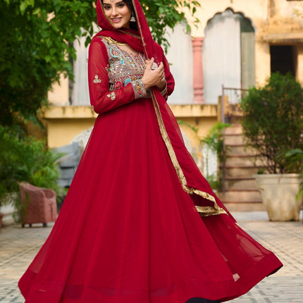 Jyoti Fashion Women's Maroon Faux Blooming Sequins with Thread Embroidered Anarkali Set With Dupatta