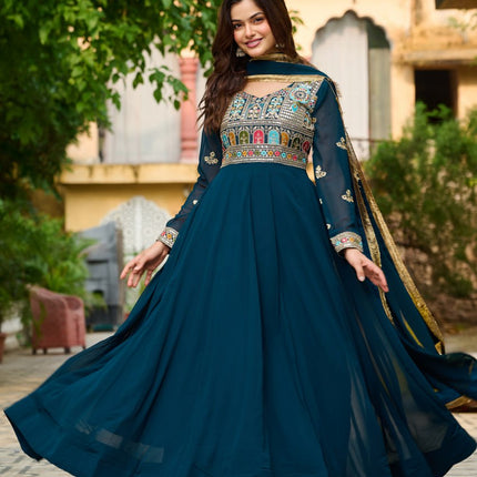 Jyoti Fashion Women's Teal Faux Blooming Sequins with Thread Embroidered Anarkali Set With Dupatta
