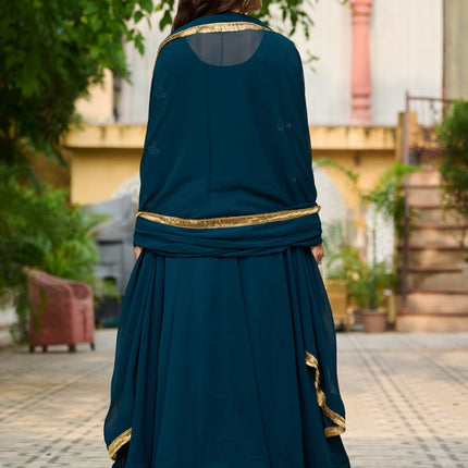 Jyoti Fashion Women's Teal Faux Blooming Sequins with Thread Embroidered Anarkali Set With Dupatta