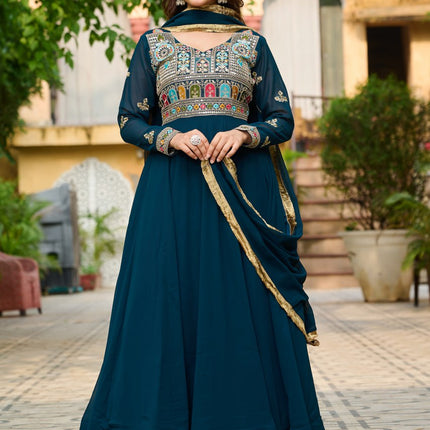 Jyoti Fashion Women's Teal Faux Blooming Sequins with Thread Embroidered Anarkali Set With Dupatta