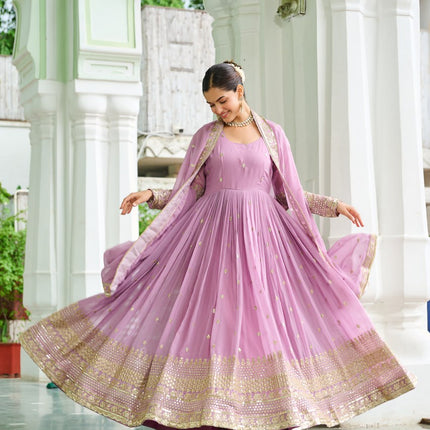Jyoti Fashion Women's Lavender Faux Georgette Embroidered Designer Anarkali Set With Dupatta