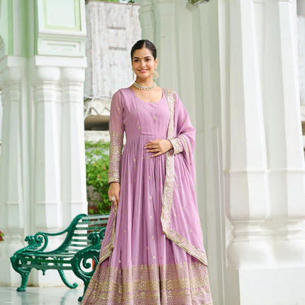 Jyoti Fashion Women's Lavender Faux Georgette Embroidered Designer Anarkali Set With Dupatta