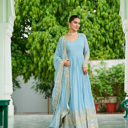 Jyoti Fashion Women's Sky Blue Faux Georgette Embroidered Designer Anarkali Set With Dupatta