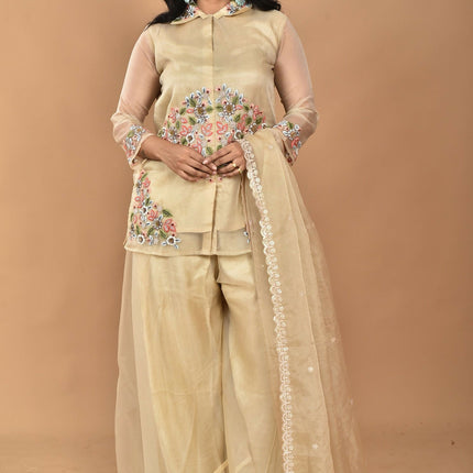 Morchari Women And Hand Embroidery Palazzo Set-Beige