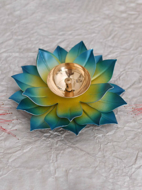 CraftVatika Blue Lotus Hand Painted Diya Metal