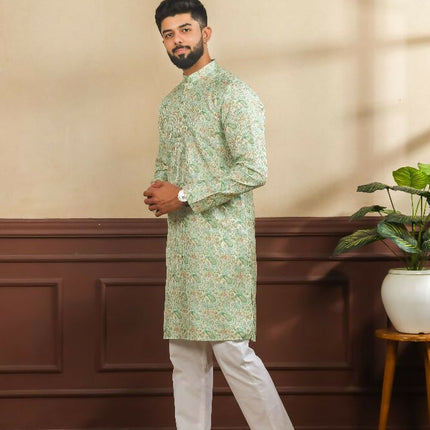 Green Art Silk Digital Printed, Embroidery Work Kurta Set - Mahotsav