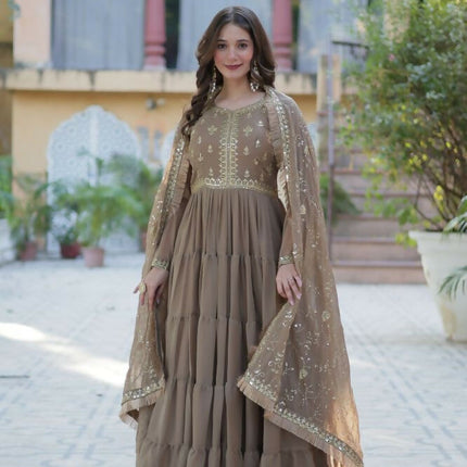 Aastha Fashion Beige Star Georgette Embroidery Party Wear Designer Gown