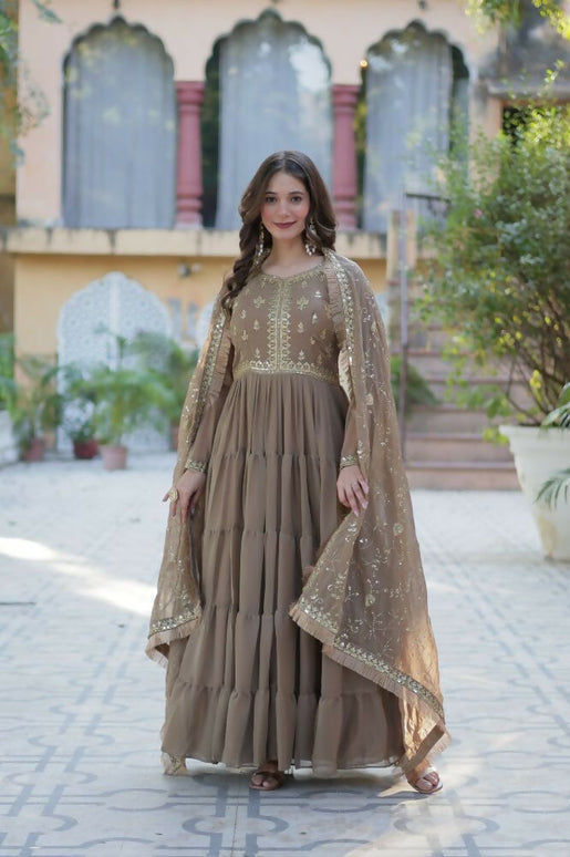 Aastha Fashion Beige Star Georgette Embroidery Party Wear Designer Gown