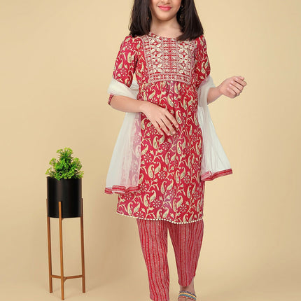 Divine Drape Girls Poly Cotton Red Embroidered Straight Kids Kurta Pant With Dupatta
