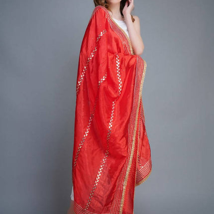 Shehnaai Red Artsilk Dupatta With Sarwoski And Gota Aari Embroidery