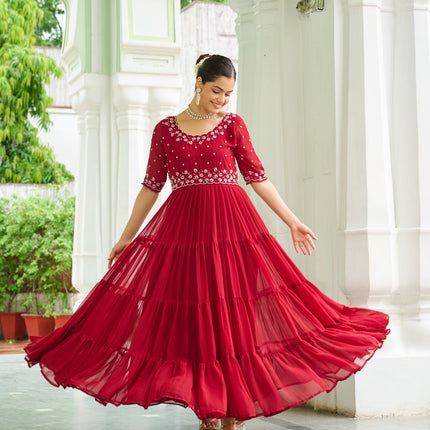 Prazu Fashion Maroon Georgette Beads Embroidery-Work Designer Gown