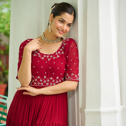 Prazu Fashion Maroon Georgette Beads Embroidery-Work Designer Gown