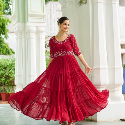 Prazu Fashion Maroon Georgette Beads Embroidery-Work Designer Gown