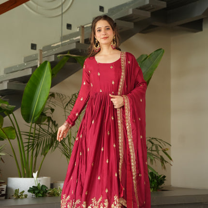 Prazu Fashion Red Chinnon With Embroidery Zari Sequins Work Gown