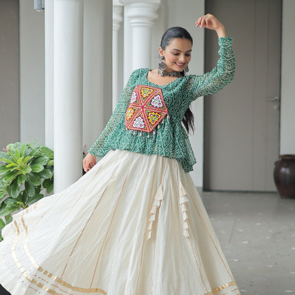 Prazu Fashion Green Georgette Bandhani Print With Kutchi Gamthi Patchwork Navratri Lehenga