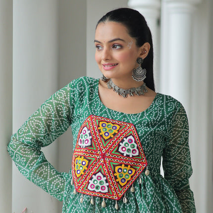 Prazu Fashion Green Georgette Bandhani Print With Kutchi Gamthi Patchwork Navratri Lehenga