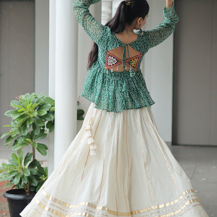 Prazu Fashion Green Georgette Bandhani Print With Kutchi Gamthi Patchwork Navratri Lehenga
