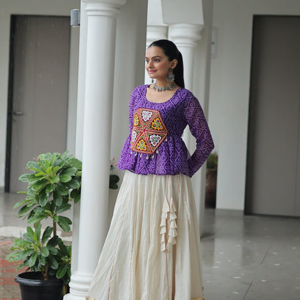 Prazu Fashion Violet Georgette Bandhani Print With Kutchi Gamthi Patchwork Navratri Lehenga