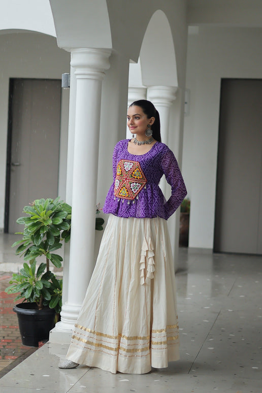 Prazu Fashion Violet Georgette Bandhani Print With Kutchi Gamthi Patchwork Navratri Lehenga