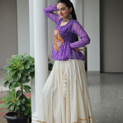 Prazu Fashion Violet Georgette Bandhani Print With Kutchi Gamthi Patchwork Navratri Lehenga