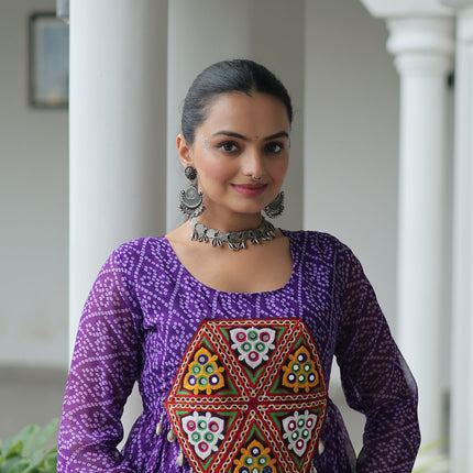 Prazu Fashion Violet Georgette Bandhani Print With Kutchi Gamthi Patchwork Navratri Lehenga