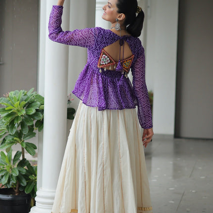 Prazu Fashion Violet Georgette Bandhani Print With Kutchi Gamthi Patchwork Navratri Lehenga