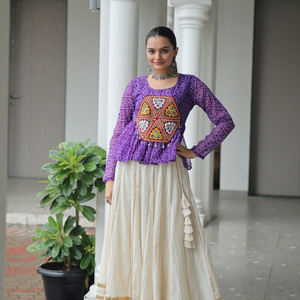 Prazu Fashion Violet Georgette Bandhani Print With Kutchi Gamthi Patchwork Navratri Lehenga