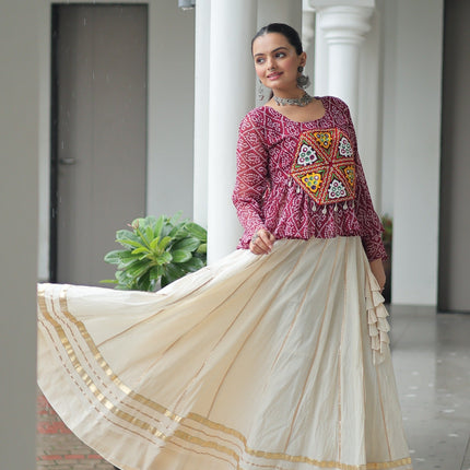 Prazu Fashion Wine Georgette Bandhani Print With Kutchi Gamthi Patchwork Navratri Lehenga