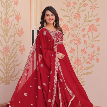 Prazu Fashion Red Georgette With Beads Embroidery-Work Gown