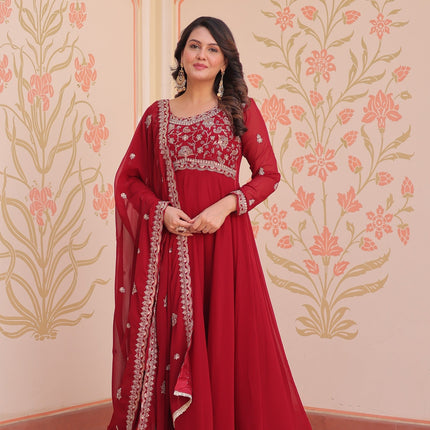 Prazu Fashion Red Georgette With Beads Embroidery-Work Gown