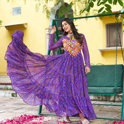 Prazu Fashion Purple Georgette Bandhani Print With Kutchi Patchwork Navratri Gown