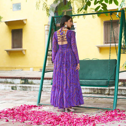 Prazu Fashion Purple Georgette Bandhani Print With Kutchi Patchwork Navratri Gown