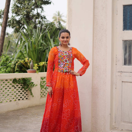 Prazu Fashion Orange Georgette Bandhani Print Gamthi Patchwork Suit For Navratri