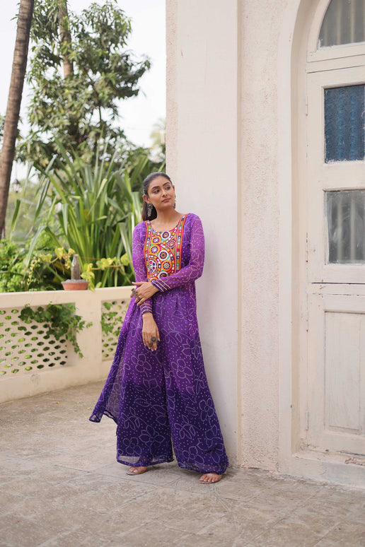 Prazu Fashion Violet Georgette Bandhani Print Gamthi Patchwork Suit For Navratri