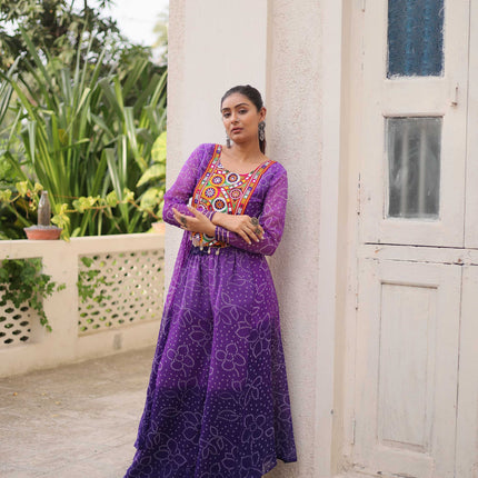 Prazu Fashion Violet Georgette Bandhani Print Gamthi Patchwork Suit For Navratri