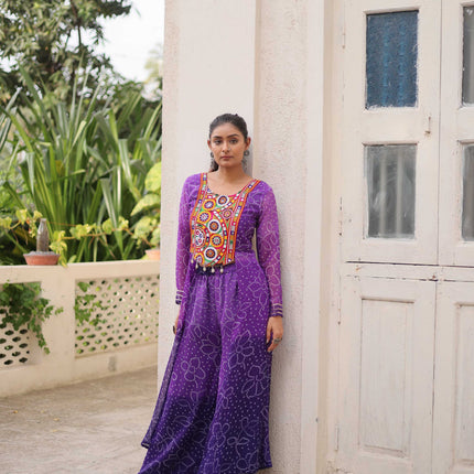 Prazu Fashion Violet Georgette Bandhani Print Gamthi Patchwork Suit For Navratri