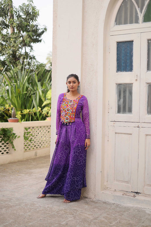 Prazu Fashion Violet Georgette Bandhani Print Gamthi Patchwork Suit For Navratri
