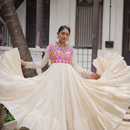 Prazu Fashion Off White Kora Cotton With Multi Thread Embroidered Gamthi Work Navratri Gown