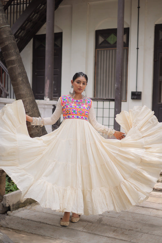 Prazu Fashion Off White Kora Cotton With Multi Thread Embroidered Gamthi Work Navratri Gown