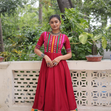 Prazu Fashion Red Roman Silk Multicolor Thread And Mirror Work Navratri Gown