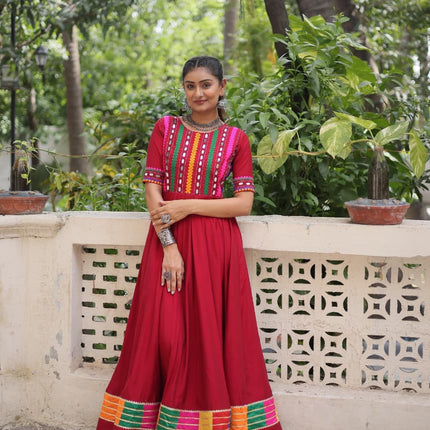 Prazu Fashion Red Roman Silk Multicolor Thread And Mirror Work Navratri Gown