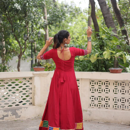 Prazu Fashion Red Roman Silk Multicolor Thread And Mirror Work Navratri Gown