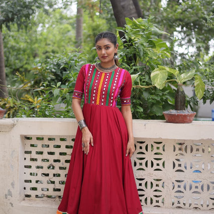 Prazu Fashion Red Roman Silk Multicolor Thread And Mirror Work Navratri Gown