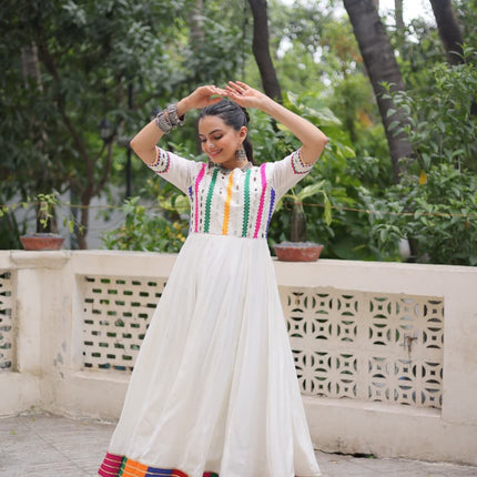 Prazu Fashion White Roman Silk Multicolor Thread And Mirror Work Navratri Gown