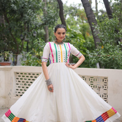 Prazu Fashion White Roman Silk Multicolor Thread And Mirror Work Navratri Gown