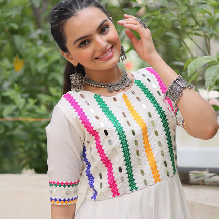 Prazu Fashion White Roman Silk Multicolor Thread And Mirror Work Navratri Gown